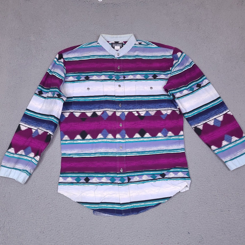 Roughrider By Circle T Shirt Mens Large Purple Blue Aztec Button Down USA‎ Vtg